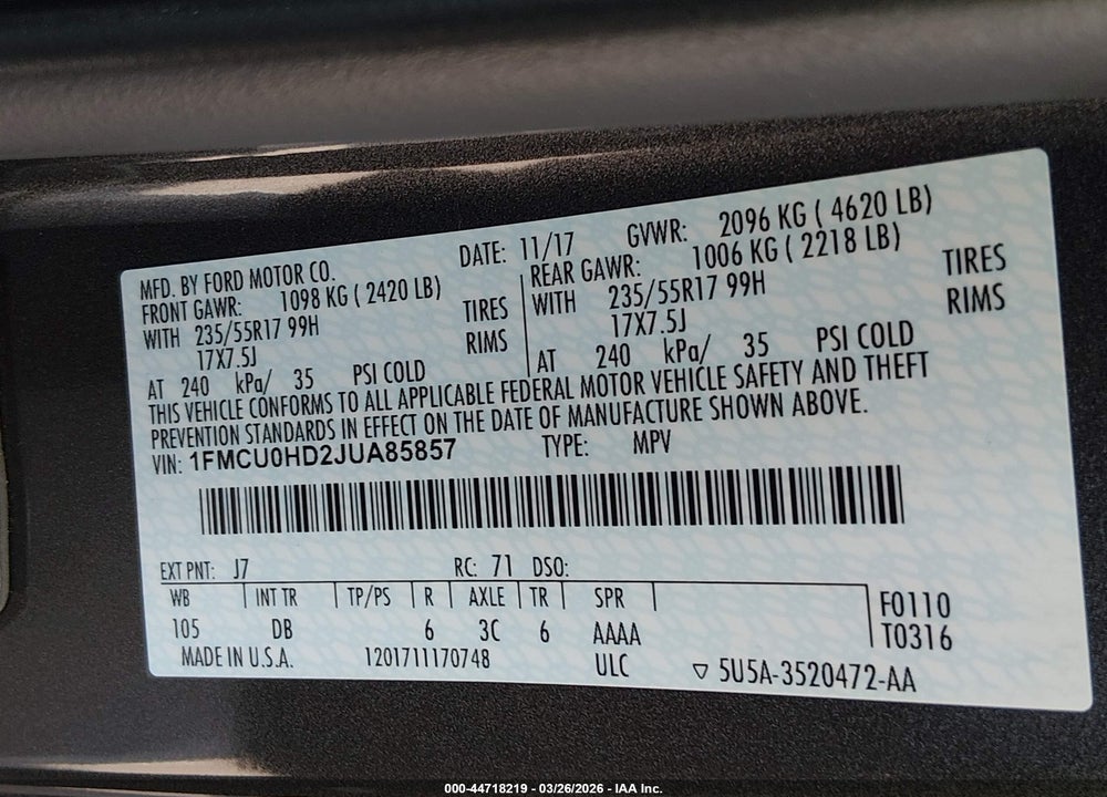 2018 FORD ESCAPE SEL VIN: 1FMCU0HD2JUA85857