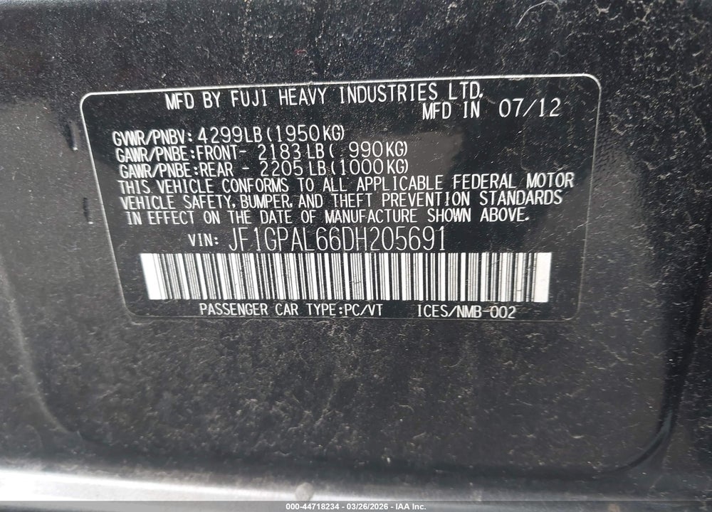 2013 SUBARU IMPREZA 2.0I SPORT PREMIUM VIN: JF1GPAL66DH205691