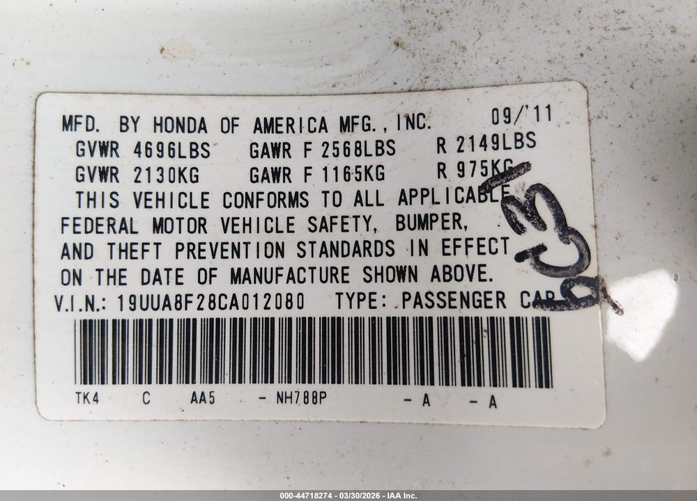 2012 ACURA TL 3.5 VIN: 19UUA8F28CA012080