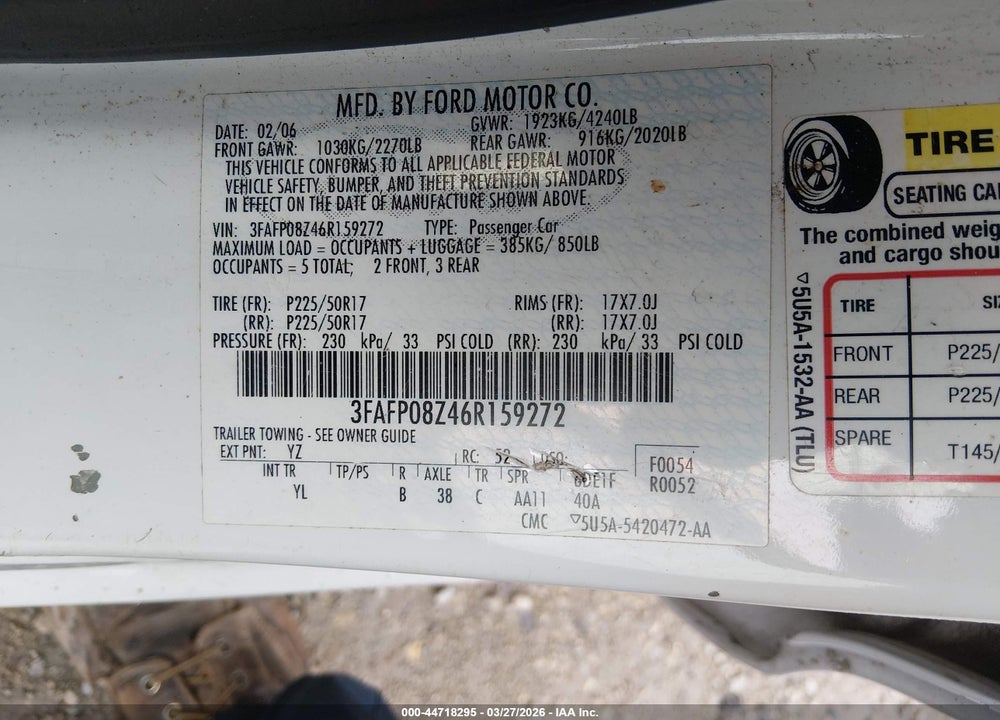 2006 FORD FUSION SEL VIN: 3FAFP08Z46R159272