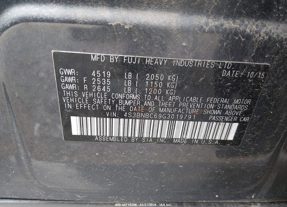 2016 SUBARU LEGACY 2.5I PREMIUM VIN: 4S3BNBC69G3019791