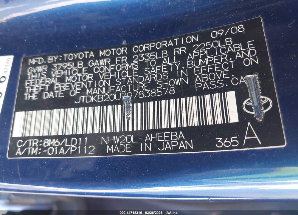 2009 TOYOTA PRIUS TOURING VIN: JTDKB20U797838578