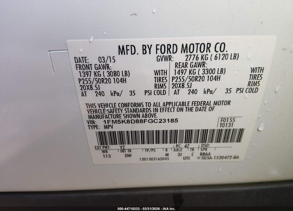 2015 FORD EXPLORER XLT VIN: 1FM5K8D88FGC23185