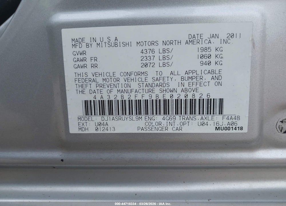 2011 MITSUBISHI GALANT FE VIN: 4A32B2FF9BE020826