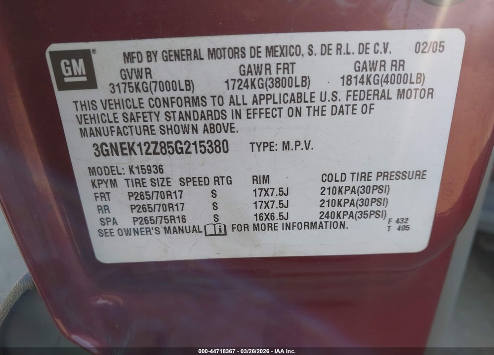 2005 CHEVROLET AVALANCHE 1500 Z71 VIN: 3GNEK12Z85G215380