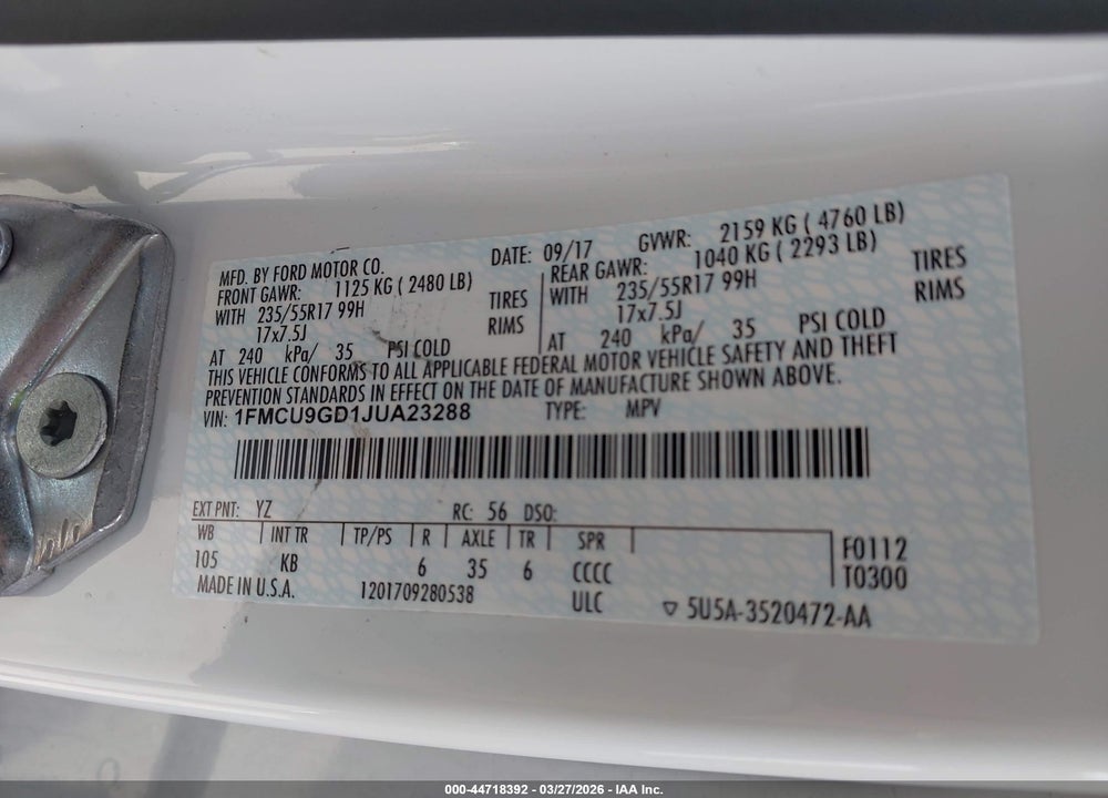 2018 FORD ESCAPE SE VIN: 1FMCU9GD1JUA23288