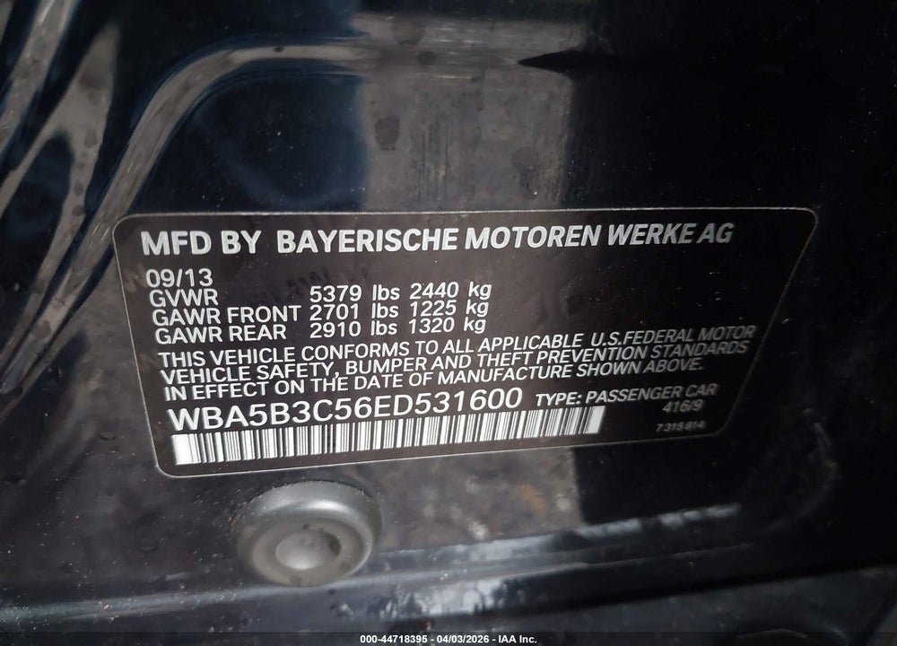 2014 BMW 535I XDRIVE VIN: WBA5B3C56ED531600