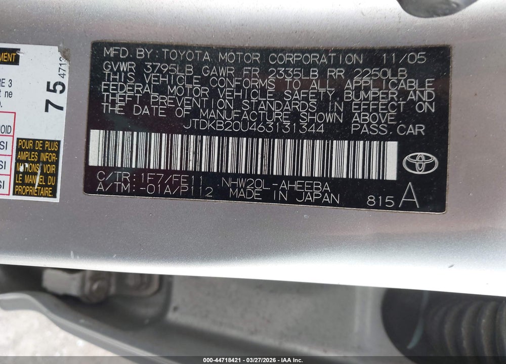 2006 TOYOTA PRIUS VIN: JTDKB20U463131344