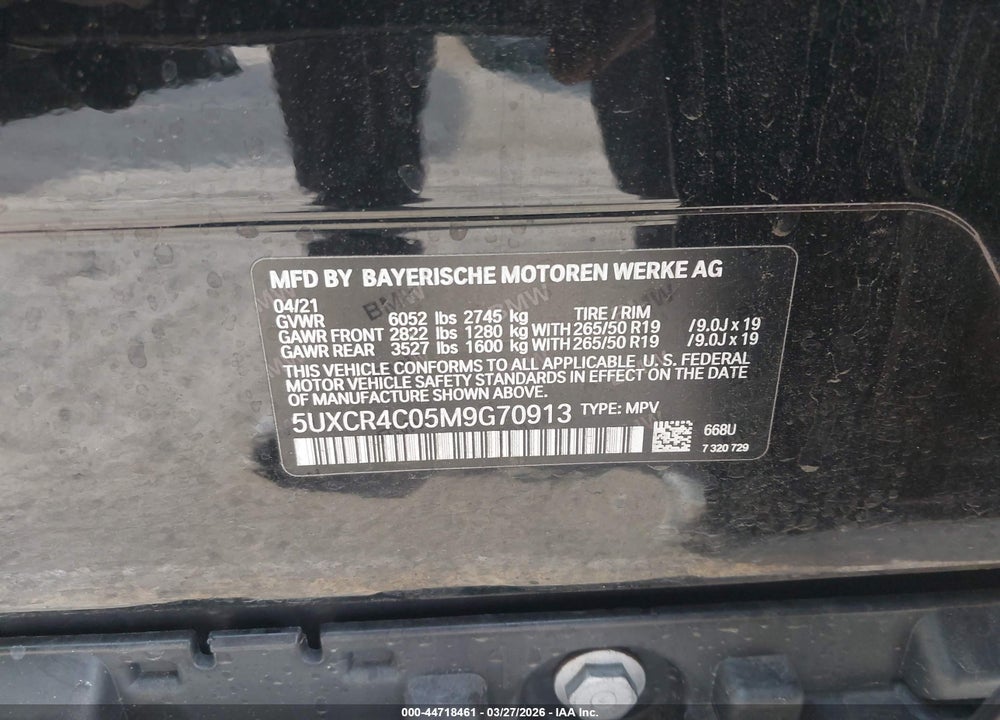 2021 BMW X5 SDRIVE40I VIN: 5UXCR4C05M9G70913