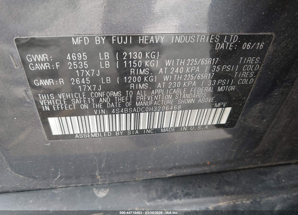 2017 SUBARU OUTBACK 2.5I PREMIUM VIN: 4S4BSADC0H3206468