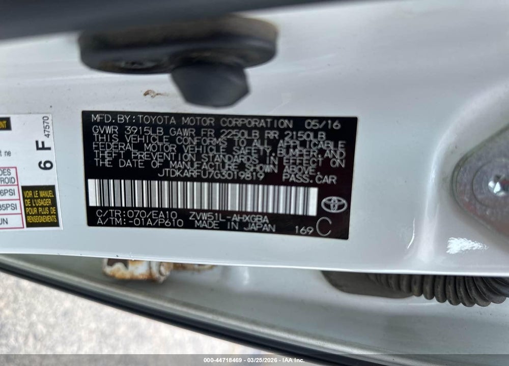 2016 TOYOTA PRIUS VIN: JTDKARFU7G3019819