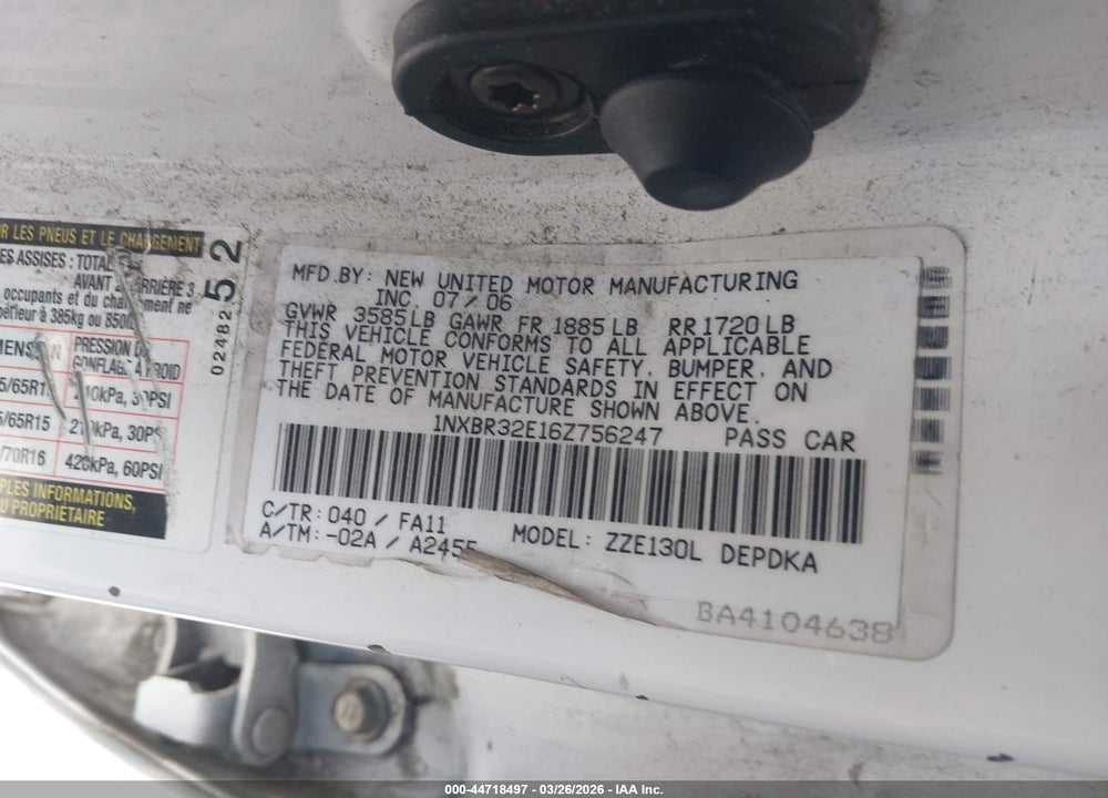 2006 TOYOTA COROLLA CE VIN: 1NXBR32E16Z756247