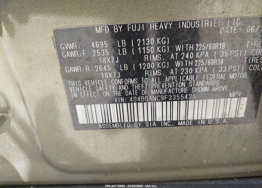 2015 SUBARU OUTBACK 2.5I LIMITED VIN: 4S4BSANC9F3355425