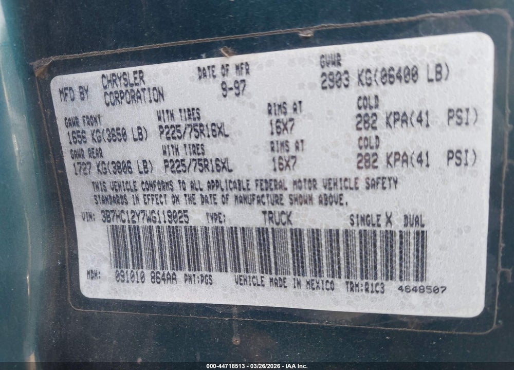 1998 DODGE RAM 1500 ST VIN: 3B7HC12Y7WG119025