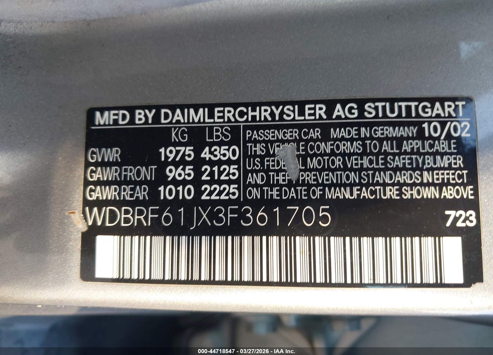 2003 MERCEDES-BENZ C 240 VIN: WDBRF61JX3F361705