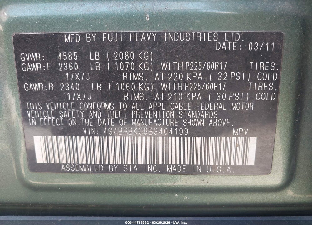2011 SUBARU OUTBACK 2.5I LIMITED VIN: 4S4BRBKC9B3404199