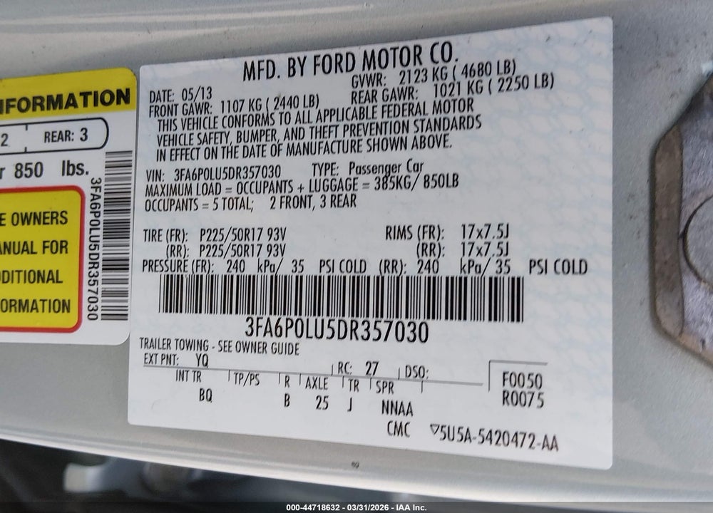 2013 FORD FUSION HYBRID SE VIN: 3FA6P0LU5DR357030