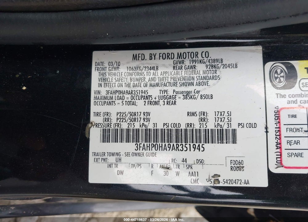 2010 FORD FUSION SE VIN: 3FAHP0HA9AR351945