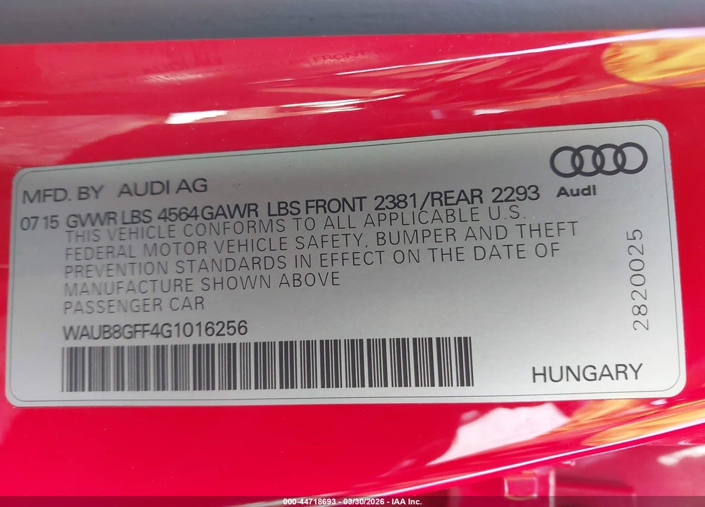 2016 AUDI A3 2.0T PREMIUM VIN: WAUB8GFF4G1016256