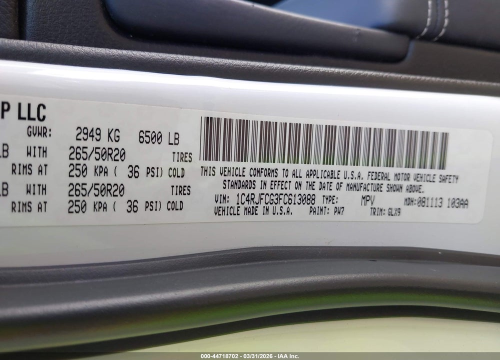 2015 JEEP GRAND CHEROKEE OVERLAND VIN: 1C4RJFCG3FC613088
