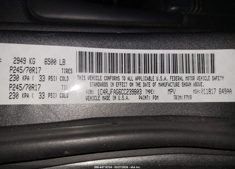 2012 JEEP GRAND CHEROKEE LAREDO VIN: 1C4RJFAG6CC239803
