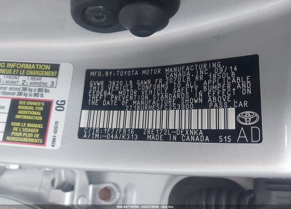 2015 TOYOTA COROLLA LE VIN: 2T1BURHE5FC253900