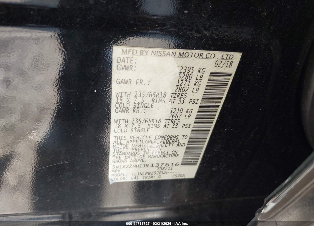 2018 NISSAN MURANO S VIN: 5N1AZ2MH1JN137616