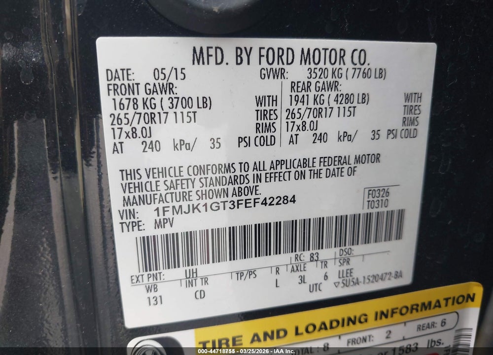 2015 FORD EXPEDITION EL XL VIN: 1FMJK1GT3FEF42284
