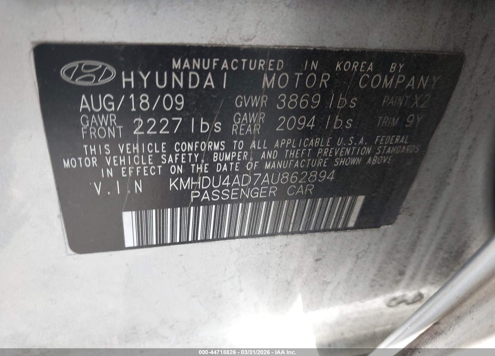 2010 HYUNDAI ELANTRA GLS VIN: KMHDU4AD7AU862894
