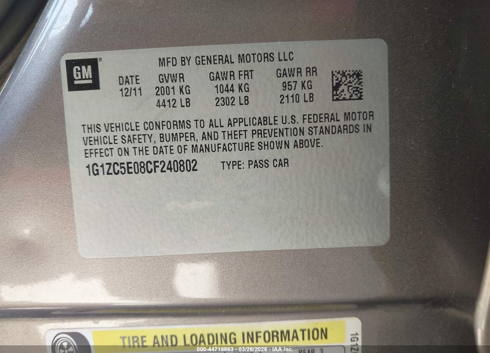 2012 CHEVROLET MALIBU 1LT VIN: 1G1ZC5E08CF240802