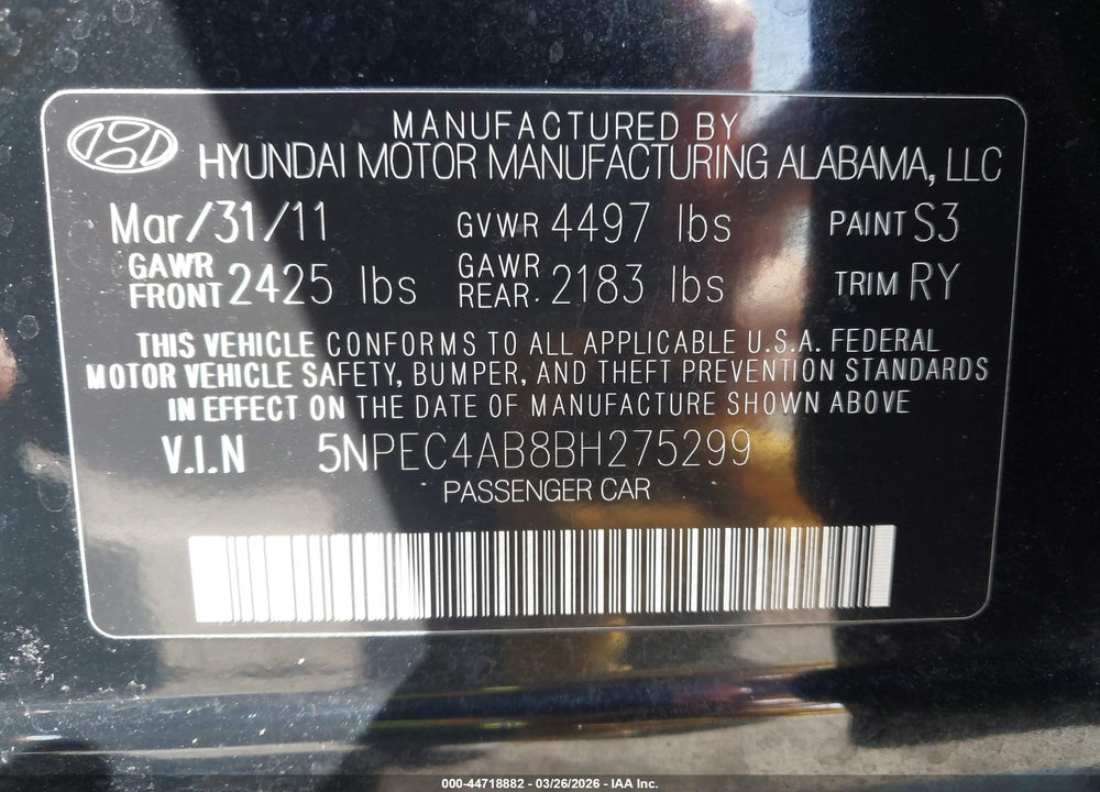 2011 HYUNDAI SONATA LIMITED 2.0T VIN: 5NPEC4AB8BH275299