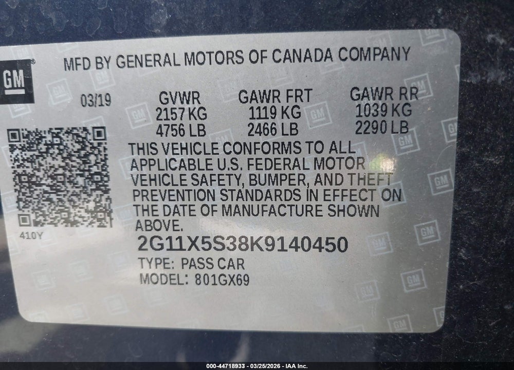 2019 CHEVROLET IMPALA LS VIN: 2G11X5S38K9140450