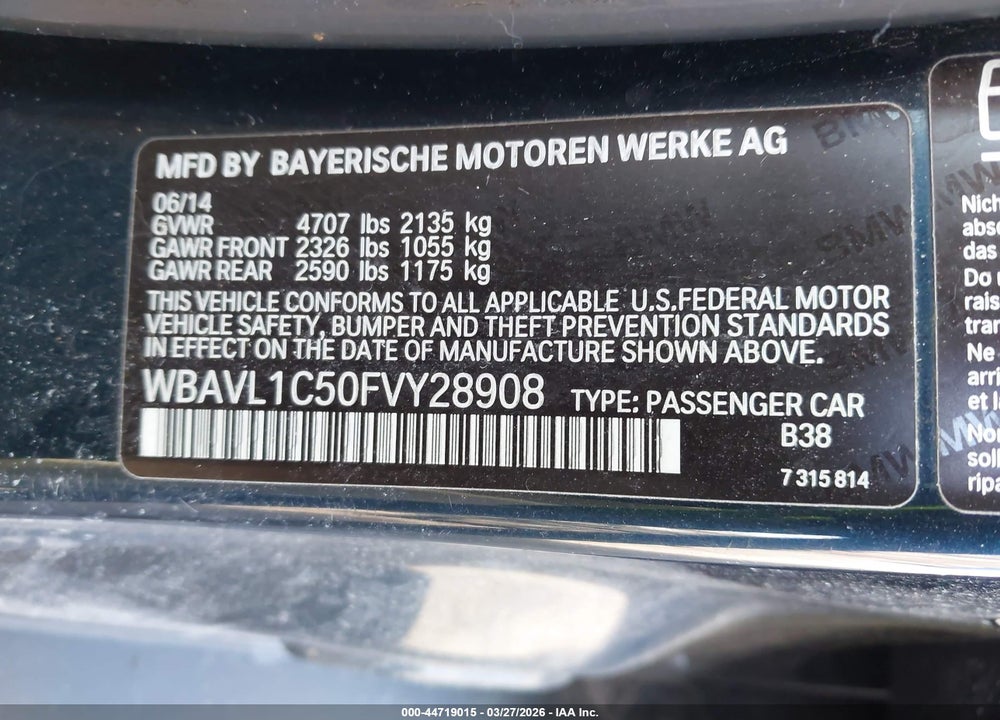 2015 BMW X1 XDRIVE28I VIN: WBAVL1C50FVY28908