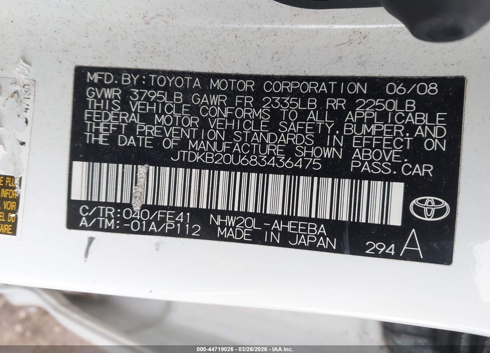 2008 TOYOTA PRIUS VIN: JTDKB20U683436475