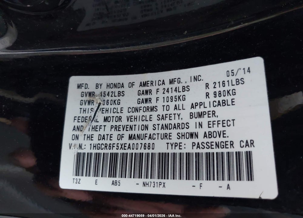 2014 HONDA ACCORD HYBRID EX-L VIN: 1HGCR6F5XEA007680