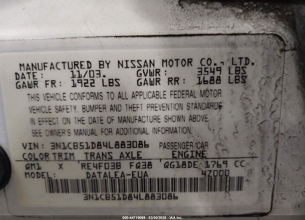 2004 NISSAN SENTRA 1.8S VIN: 3N1CB51D84L883086