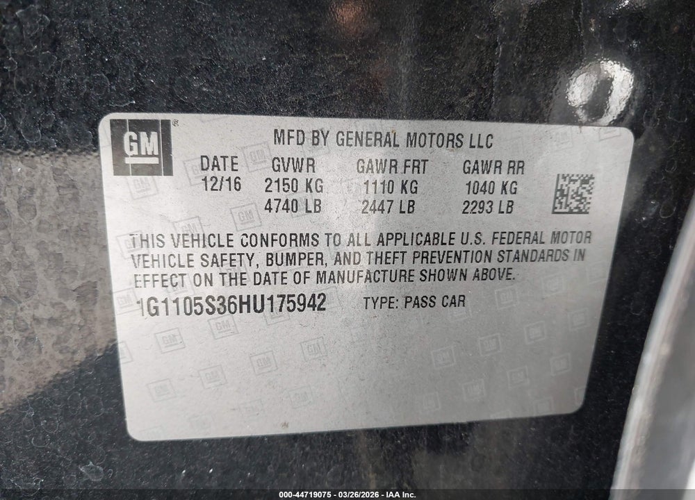 2017 CHEVROLET IMPALA 1LT VIN: 1G1105S36HU175942