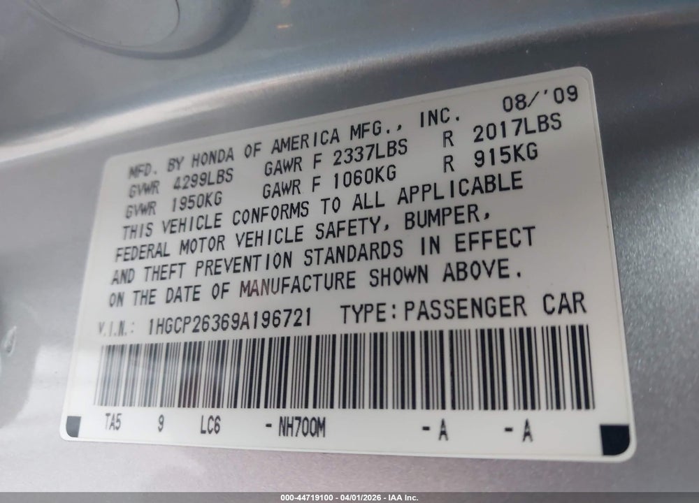 2009 HONDA ACCORD 2.4 LX VIN: 1HGCP26369A196721