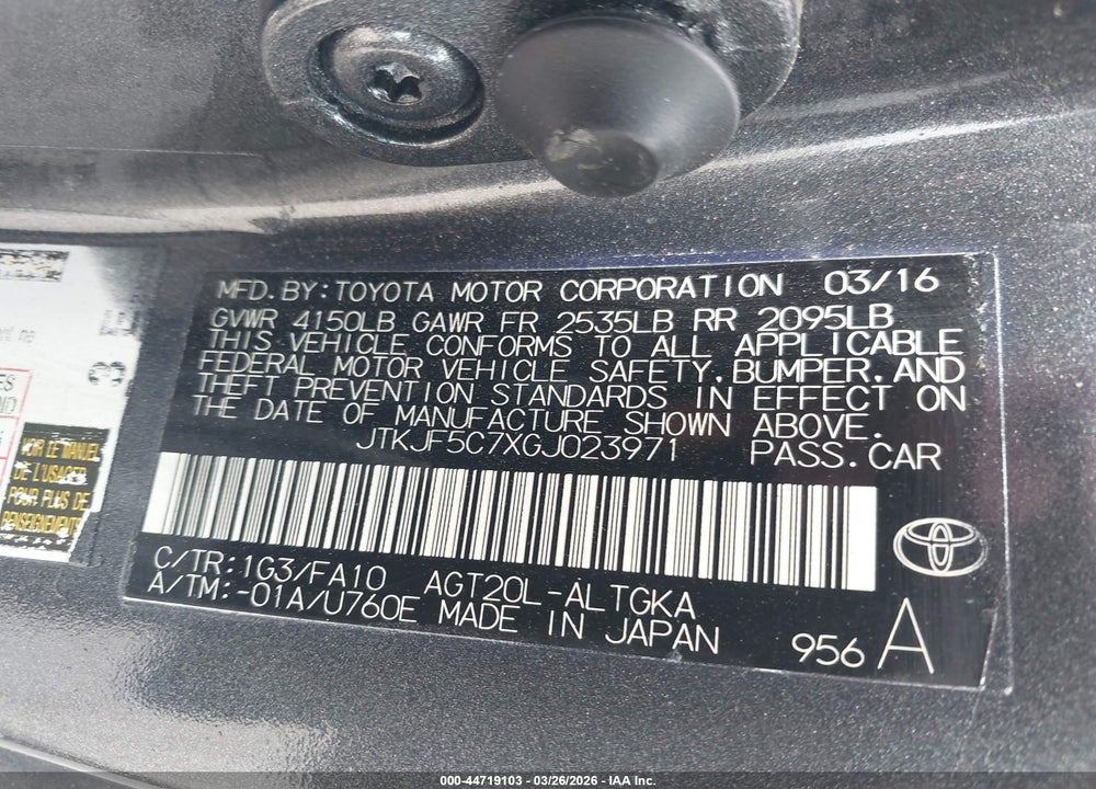 2016 SCION TC VIN: JTKJF5C7XGJ023971