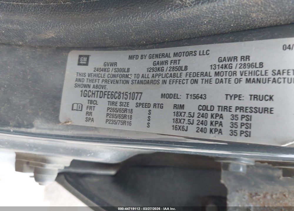 2012 CHEVROLET COLORADO 2LT VIN: 1GCHTDFE6C8151077