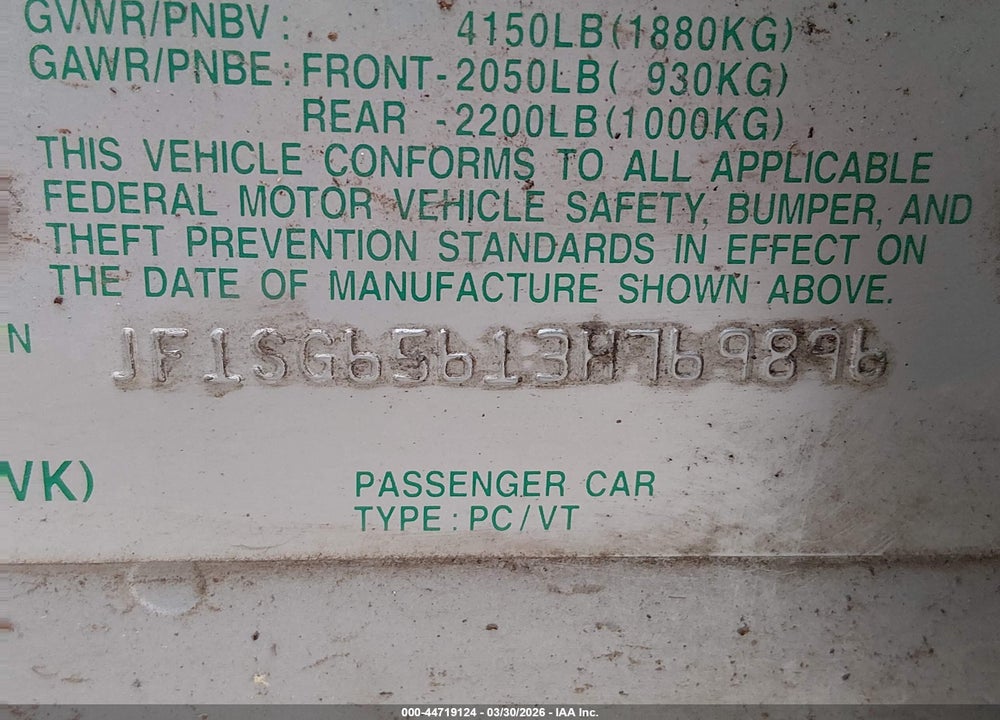 2003 SUBARU FORESTER XS VIN: JF1SG65613H769896