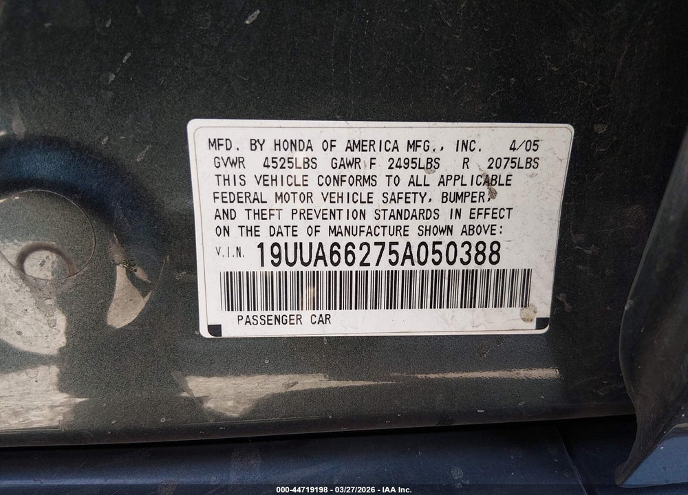 2005 ACURA TL VIN: 19UUA66275A050388