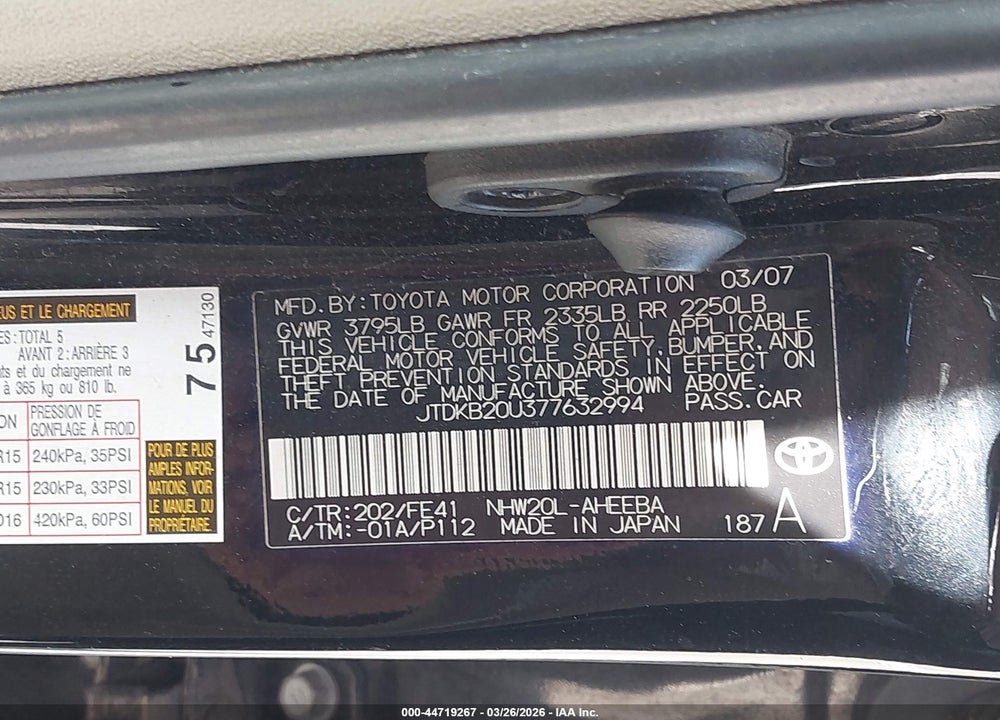 2007 TOYOTA PRIUS VIN: JTDKB20U377632994