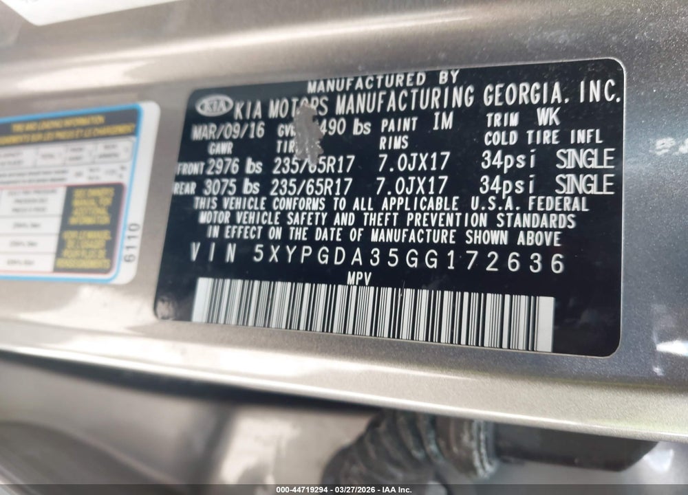 2016 KIA SORENTO 2.4L LX VIN: 5XYPGDA35GG172636