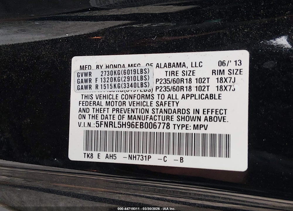 2014 HONDA ODYSSEY TOURING/TOURING ELITE VIN: 5FNRL5H96EB006778