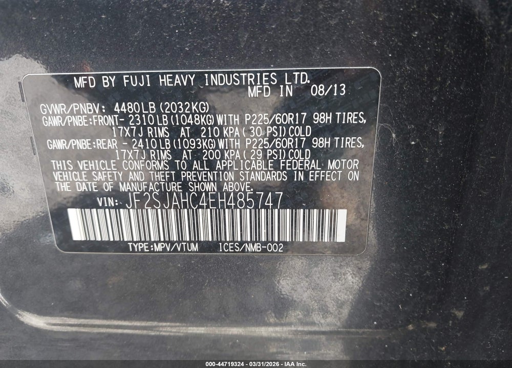 2014 SUBARU FORESTER 2.5I LIMITED VIN: JF2SJAHC4EH485747