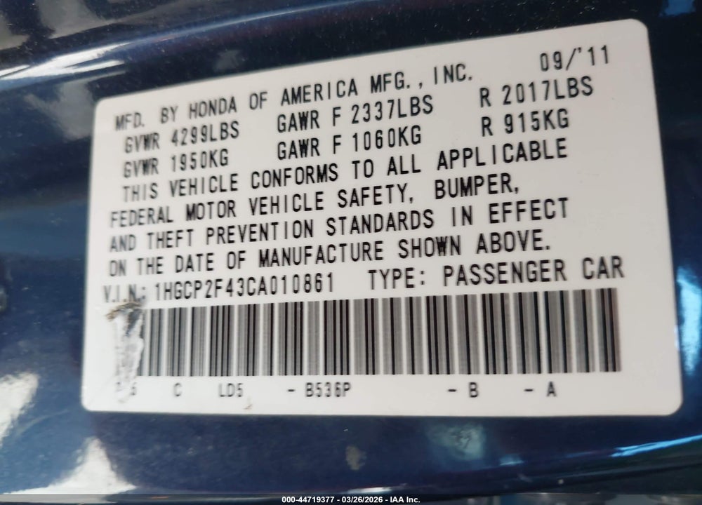 2012 HONDA ACCORD 2.4 LX-P VIN: 1HGCP2F43CA010861