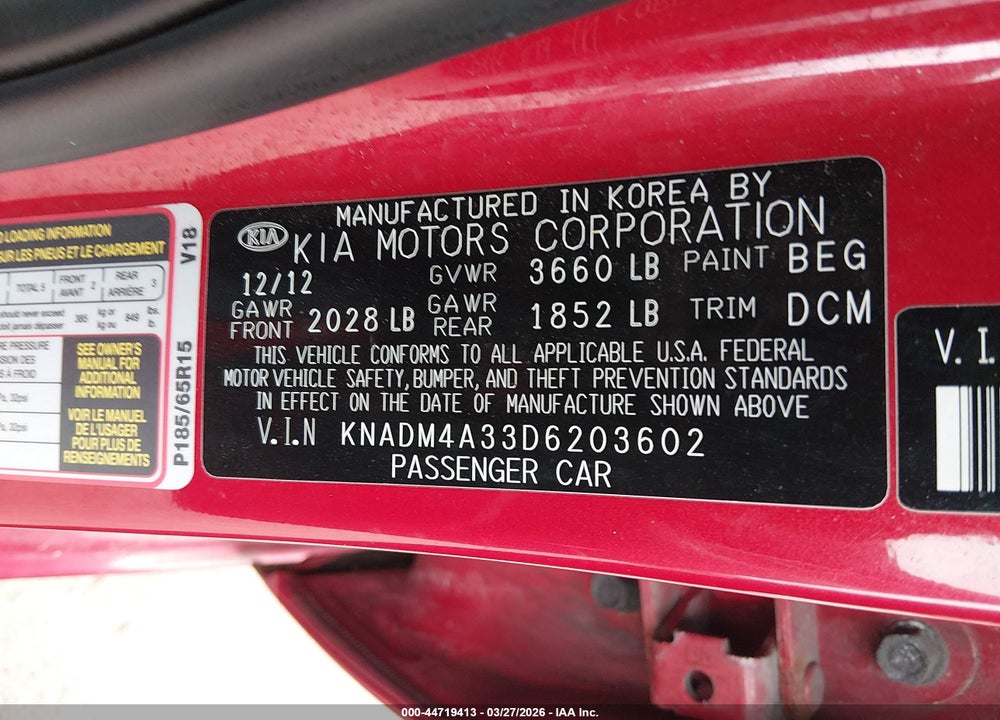 2013 KIA RIO LX VIN: KNADM4A33D6203602