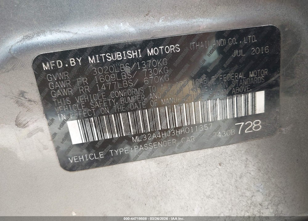 2017 MITSUBISHI MIRAGE SE VIN: ML32A4HJ3HH011357