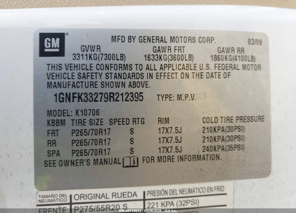 2009 CHEVROLET TAHOE LTZ VIN: 1GNFK33279R212395